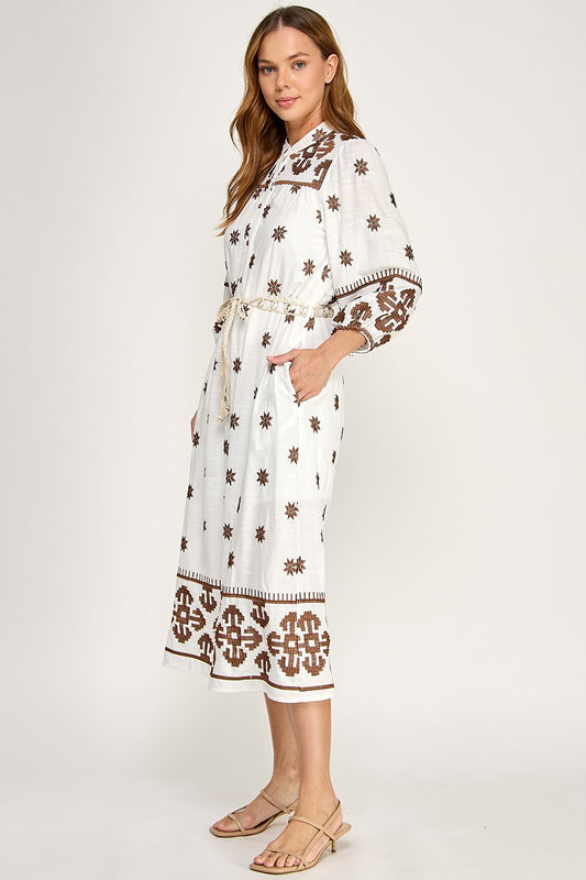 EMBROIDERED LINEN  MIDI DRESS