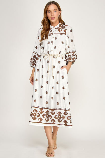 EMBROIDERED LINEN  MIDI DRESS