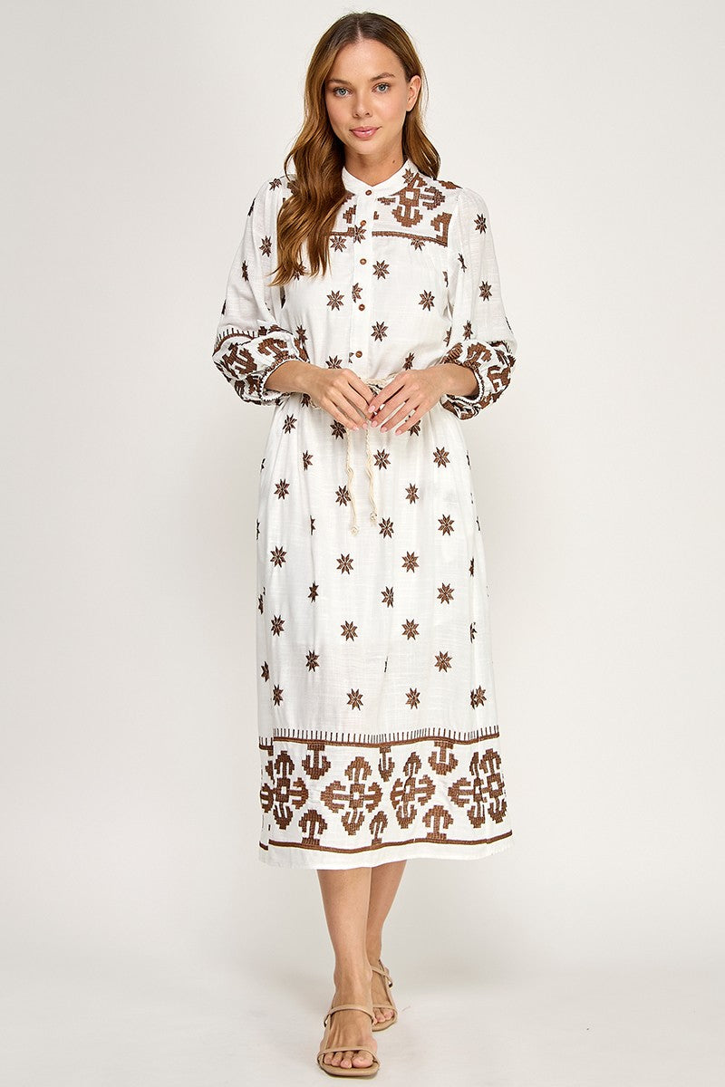 EMBROIDERED LINEN  MIDI DRESS