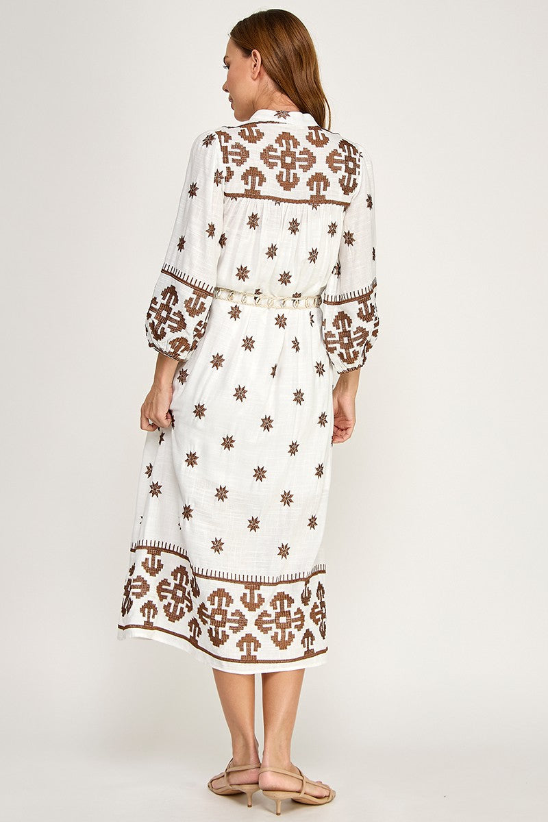 EMBROIDERED LINEN  MIDI DRESS