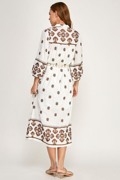 EMBROIDERED LINEN  MIDI DRESS