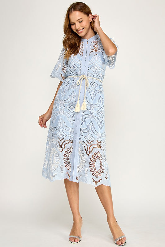 EYELET WHITE EMBOIDERED  CUT OUT MIDI DRESS