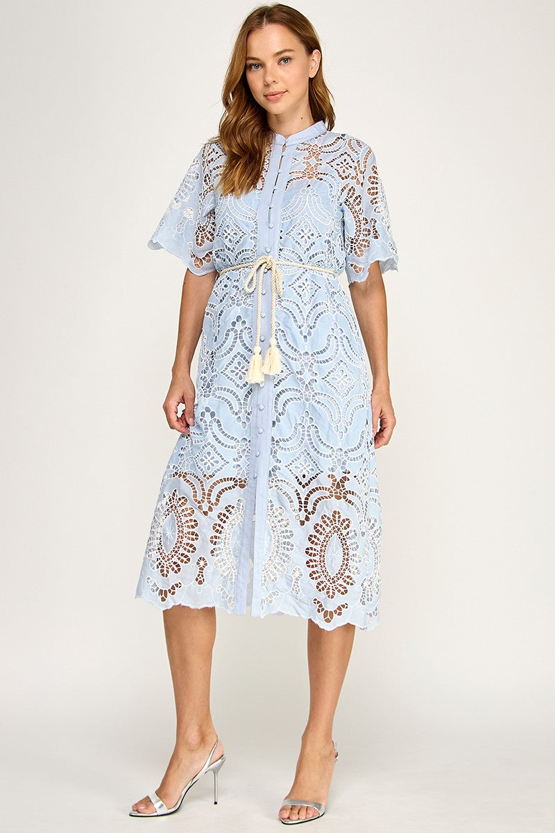 EYELET WHITE EMBOIDERED  CUT OUT MIDI DRESS