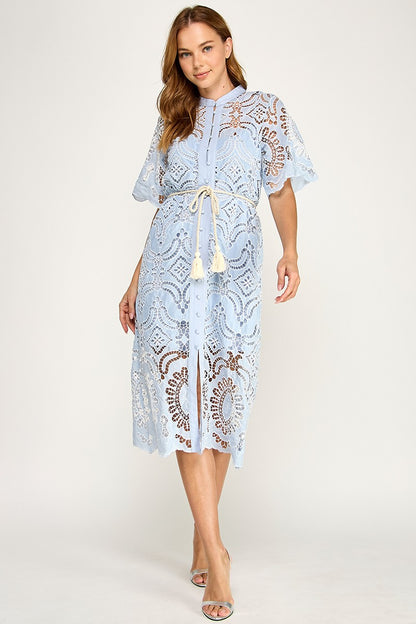 EYELET WHITE EMBOIDERED  CUT OUT MIDI DRESS