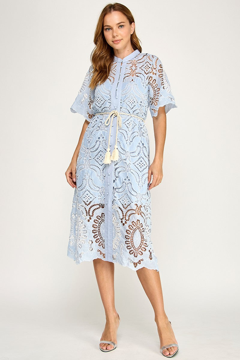 EYELET WHITE EMBOIDERED  CUT OUT MIDI DRESS
