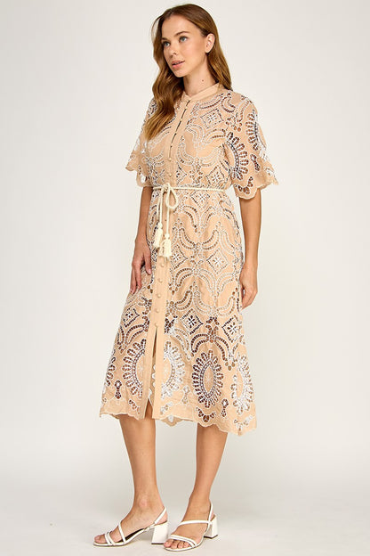 EYELET WHITE EMBOIDERED  CUT OUT MIDI DRESS