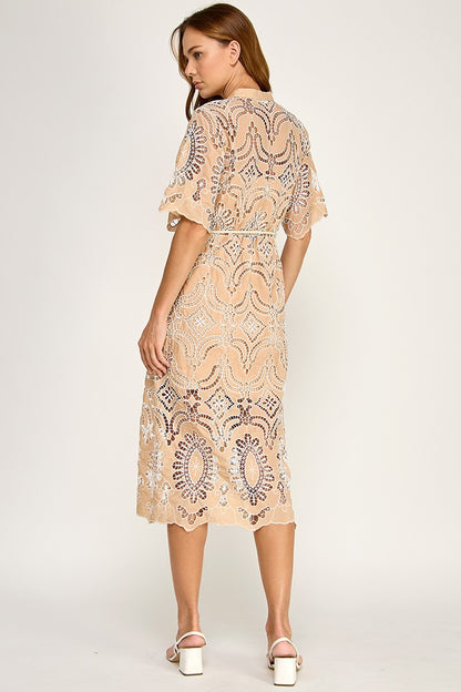 EYELET WHITE EMBOIDERED  CUT OUT MIDI DRESS