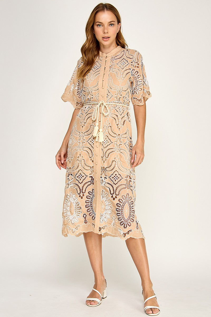 EYELET WHITE EMBOIDERED  CUT OUT MIDI DRESS
