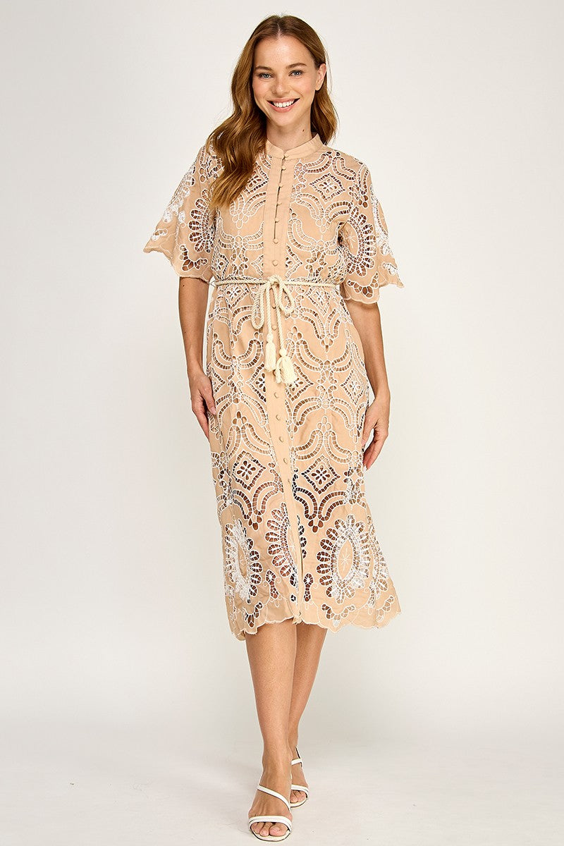 EYELET WHITE EMBOIDERED  CUT OUT MIDI DRESS