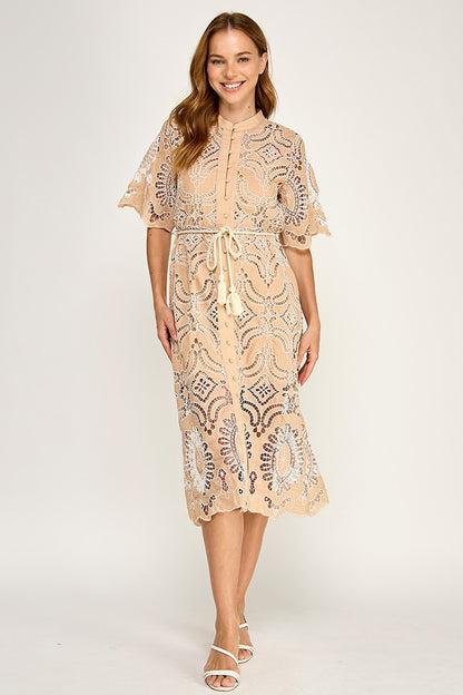 EYELET WHITE EMBOIDERED  CUT OUT MIDI DRESS