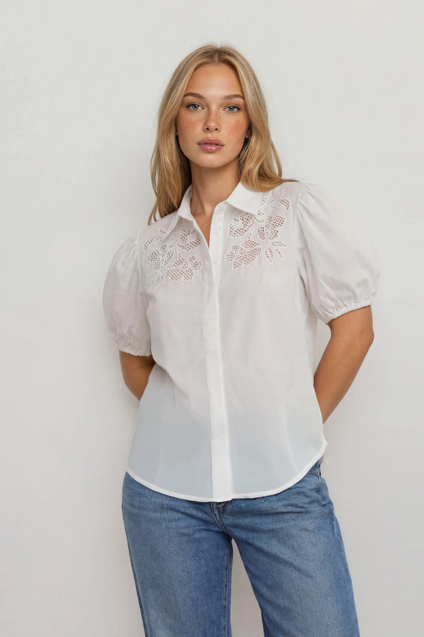 PUFF SLEEVES EMBROIDERY DETAIL BLOUSE