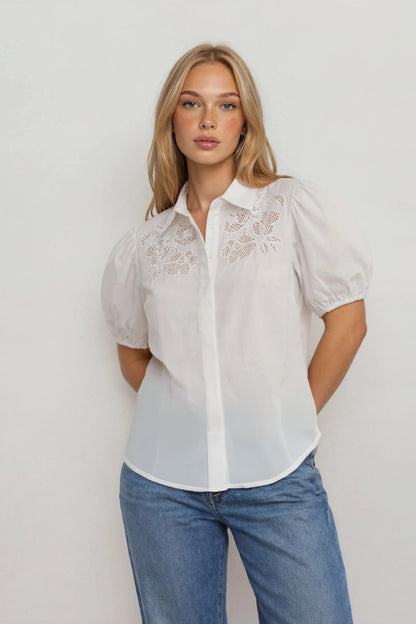 PUFF SLEEVES EMBROIDERY DETAIL BLOUSE