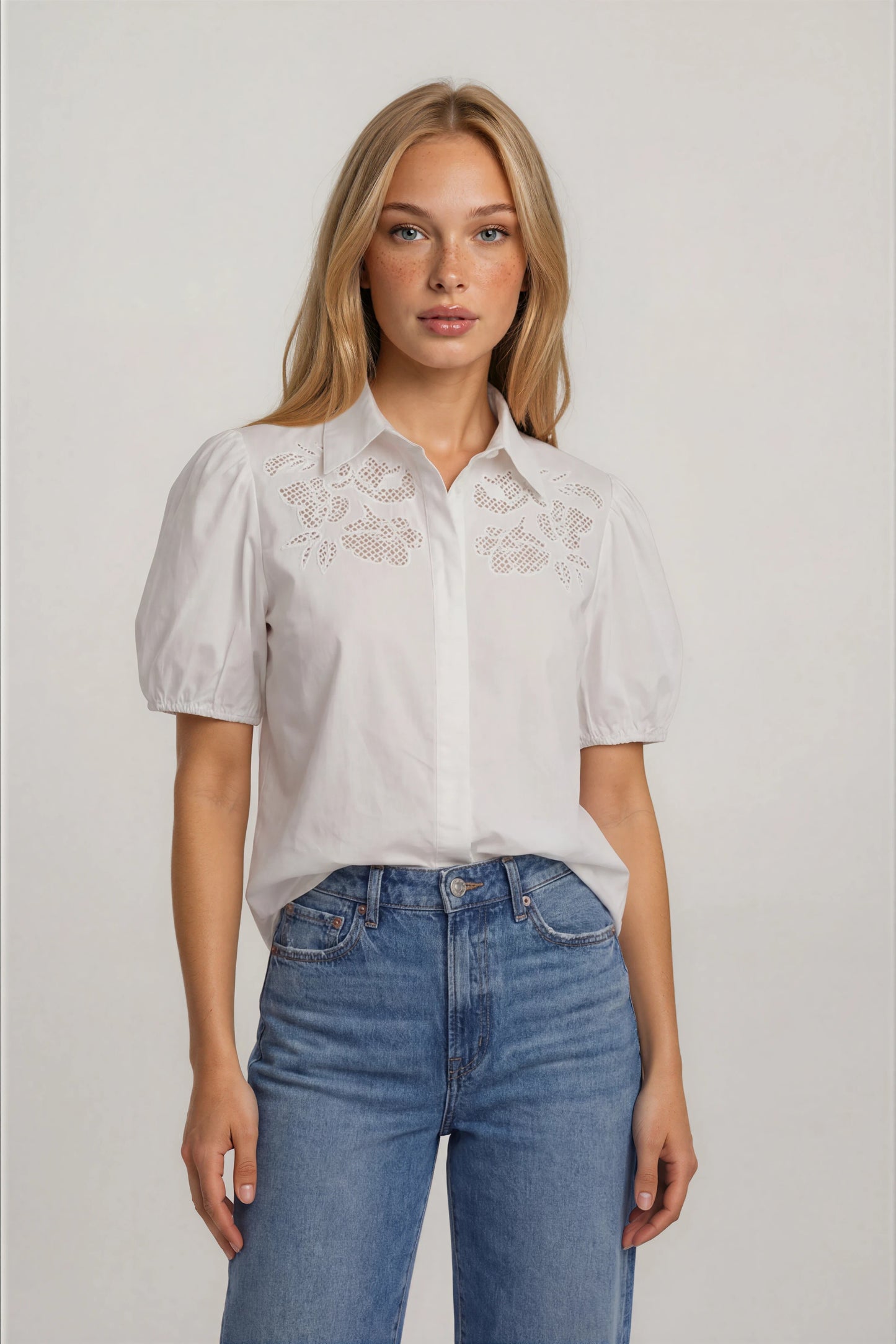 PUFF SLEEVES EMBROIDERY DETAIL BLOUSE