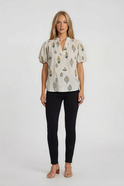 PUFF SLEEVE V-NECK TOP