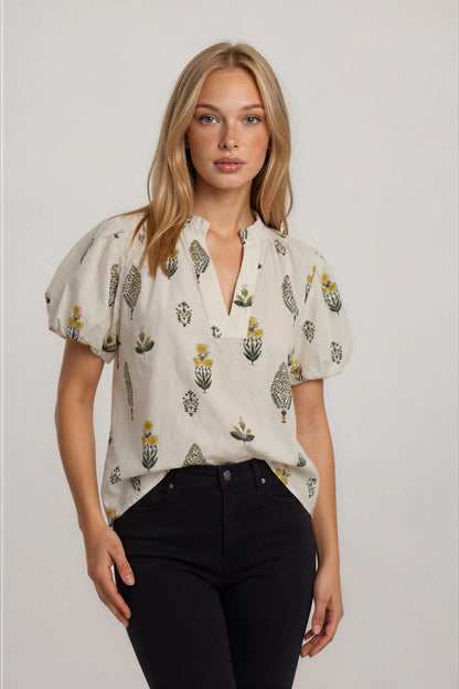 PUFF SLEEVE V-NECK TOP