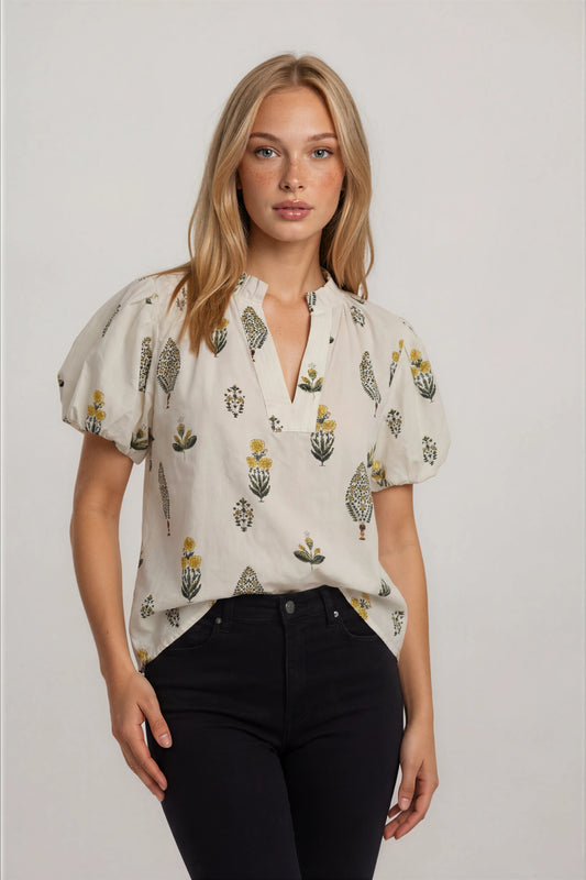 PUFF SLEEVE V-NECK TOP