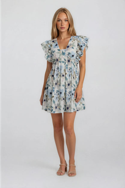 V-NECK RUFFLE BABYDOLL DRESS