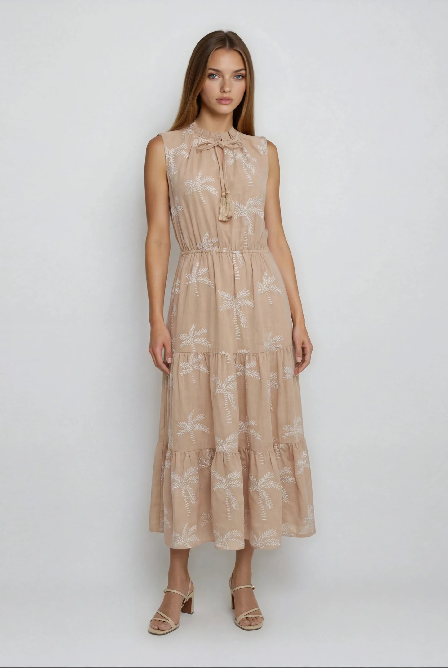 V-NECK TIERED EMBROIDERED MIDI DRESS