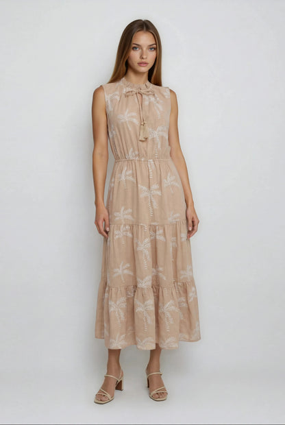 V-NECK TIERED EMBROIDERED MIDI DRESS