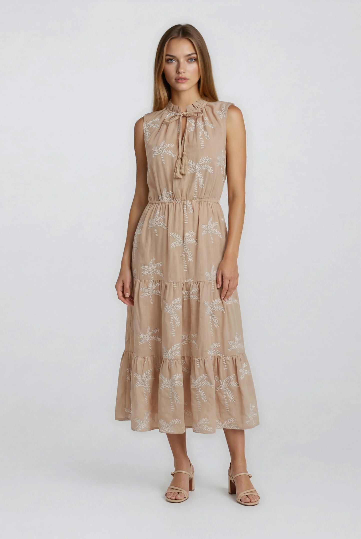 V-NECK TIERED EMBROIDERED MIDI DRESS
