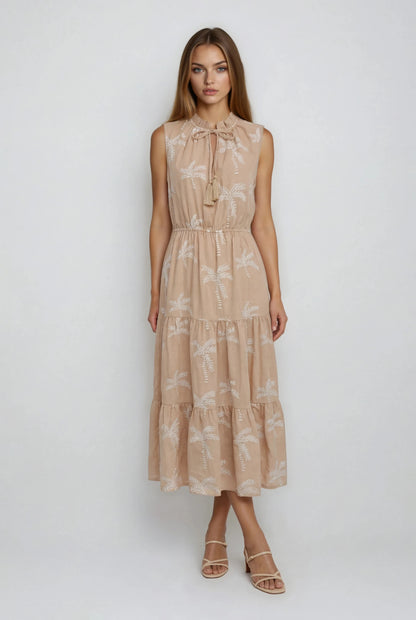 V-NECK TIERED EMBROIDERED MIDI DRESS