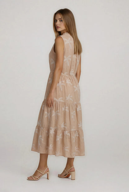 V-NECK TIERED EMBROIDERED MIDI DRESS