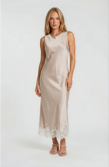 SATIN DRESS WITH LACE TRIM DETAIL