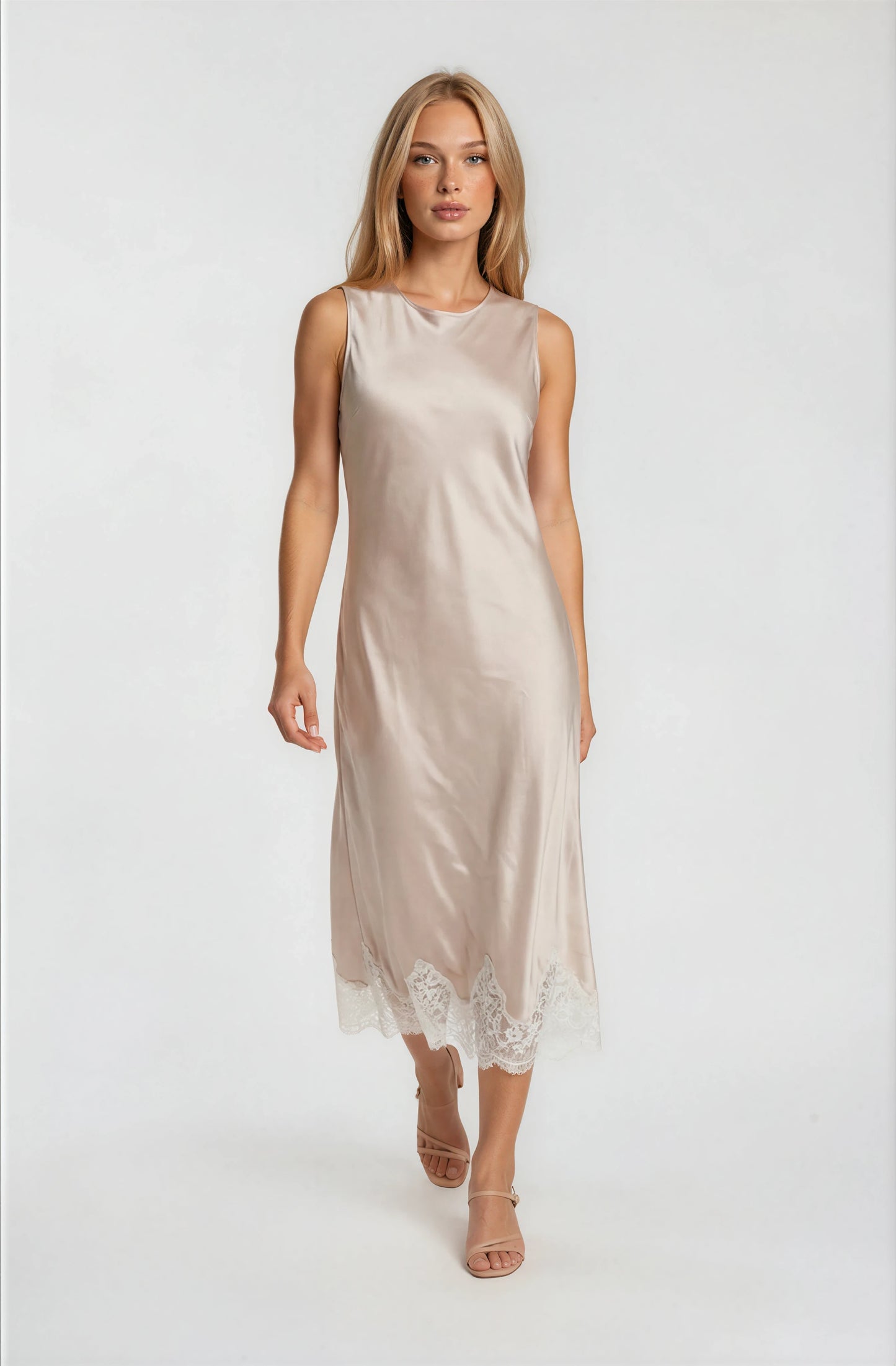 SATIN DRESS WITH LACE TRIM DETAIL
