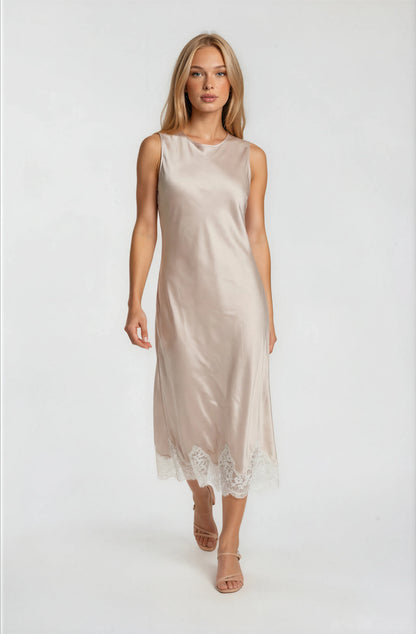 SATIN DRESS WITH LACE TRIM DETAIL