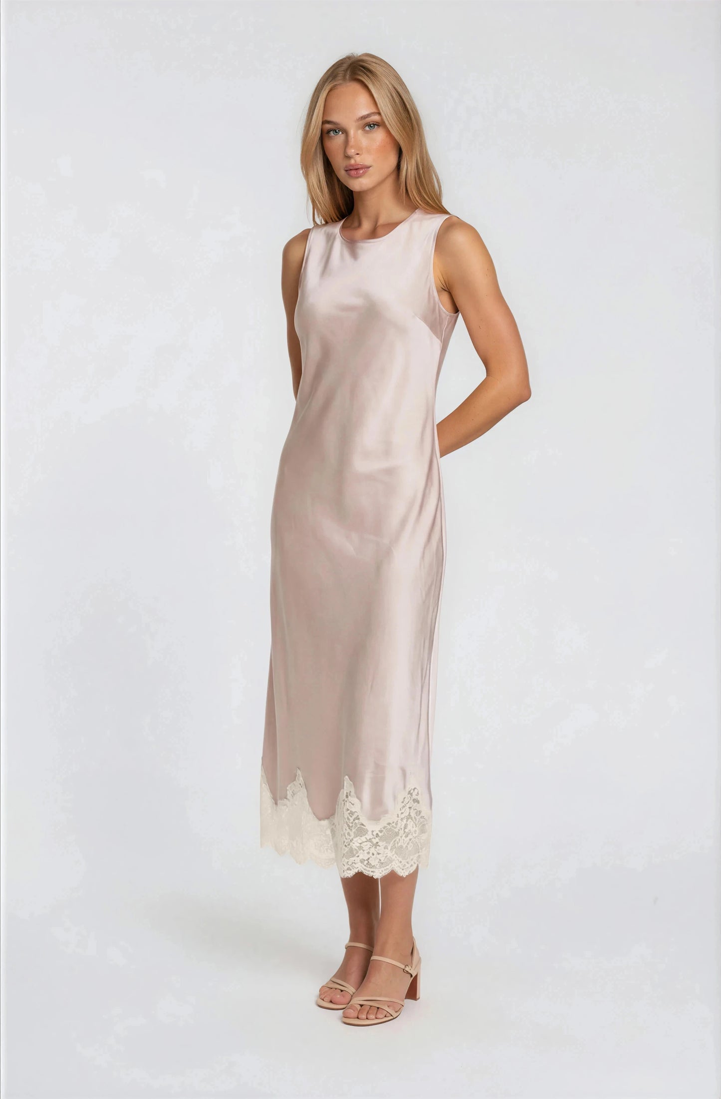 SATIN DRESS WITH LACE TRIM DETAIL