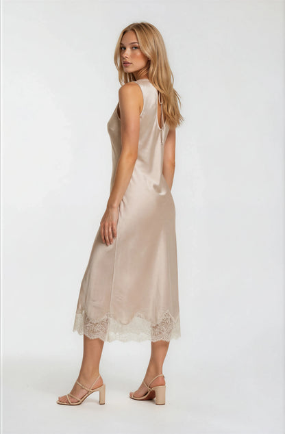 SATIN DRESS WITH LACE TRIM DETAIL