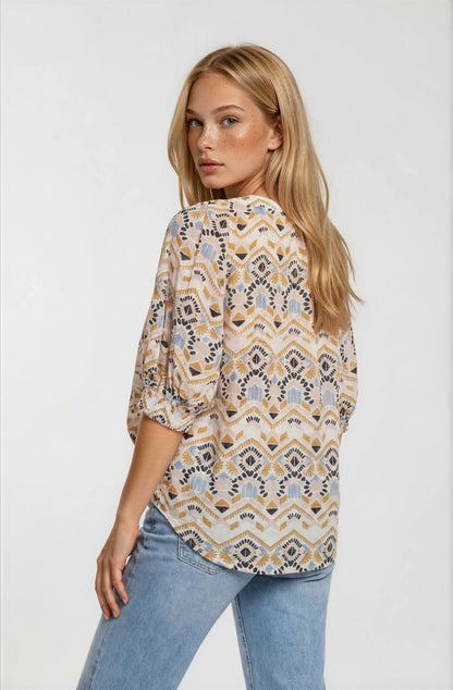 GEOMETRIC PRINTED TASSEL DRAWSTRING TOP