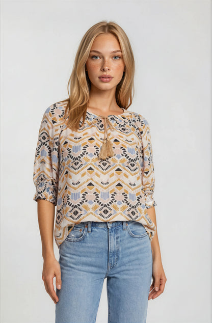 GEOMETRIC PRINTED TASSEL DRAWSTRING TOP