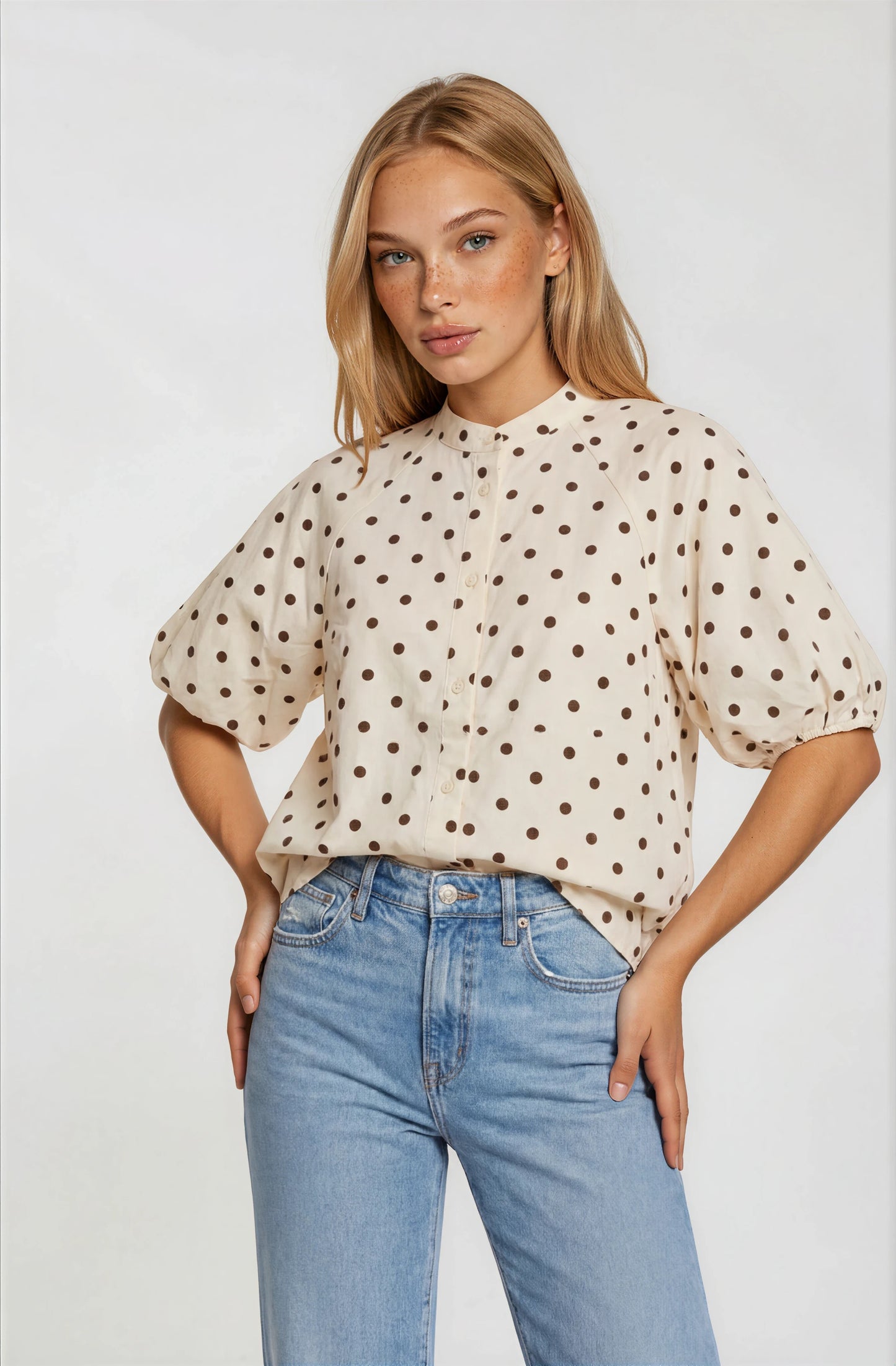 POLKA DOT PUFF SLEEVE TWILL TOP