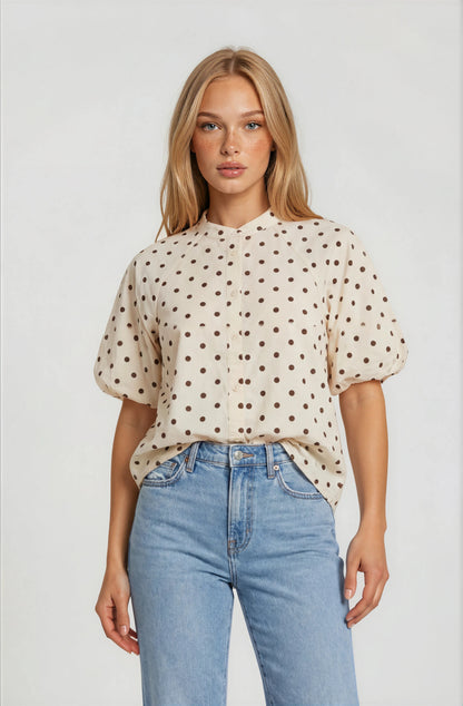 POLKA DOT PUFF SLEEVE TWILL TOP