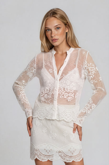 LACE CROCHET KNIT LONG SLEEVE  TOP
