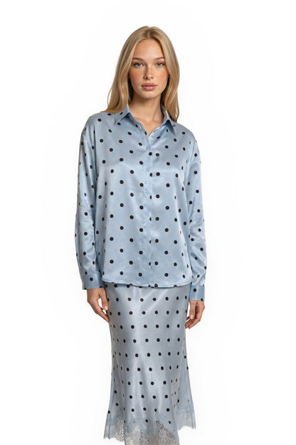 POLKA DOT BUTTON UP LONG SLEEVE TOP