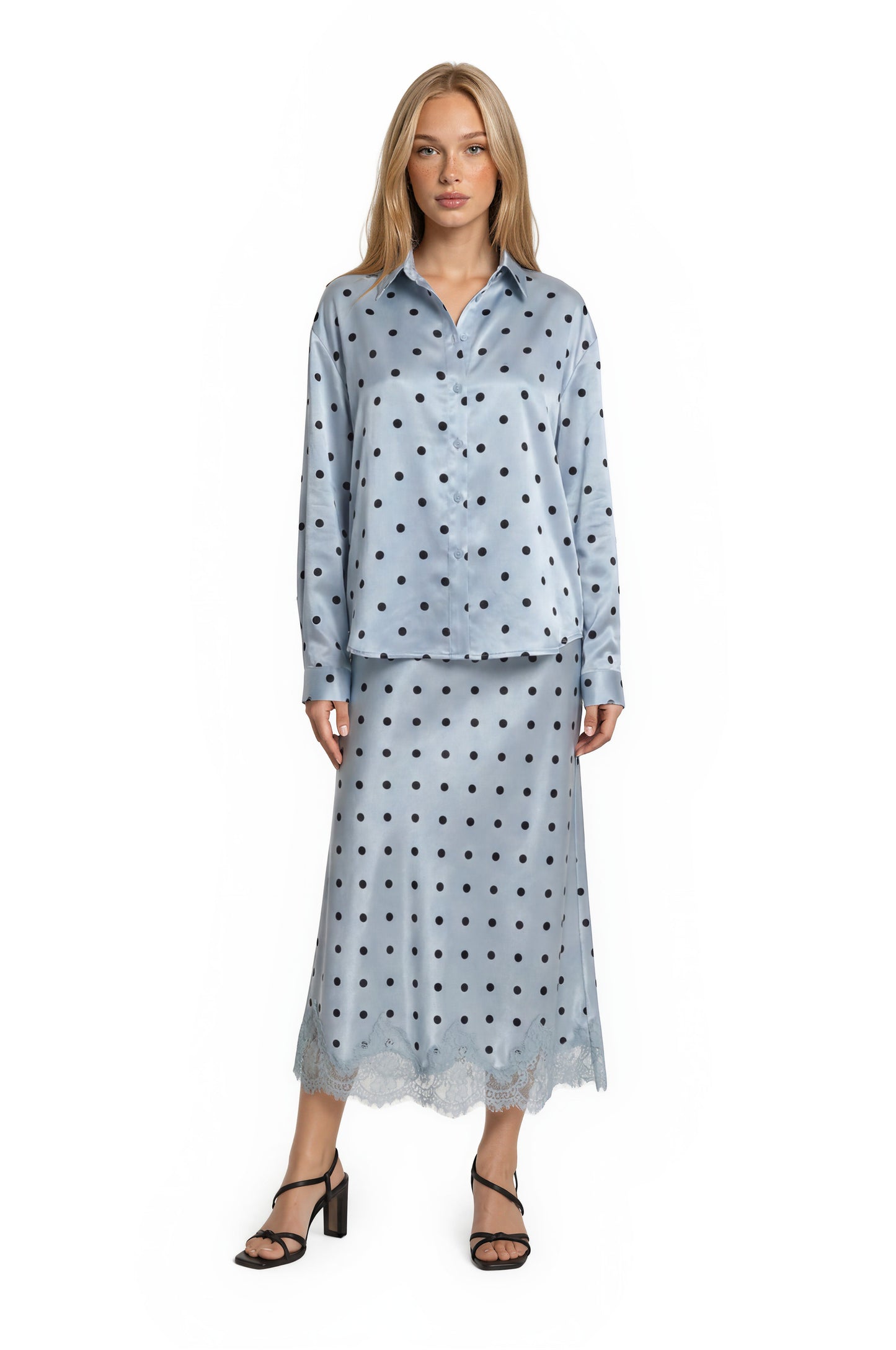 POLKA DOT BUTTON UP LONG SLEEVE TOP