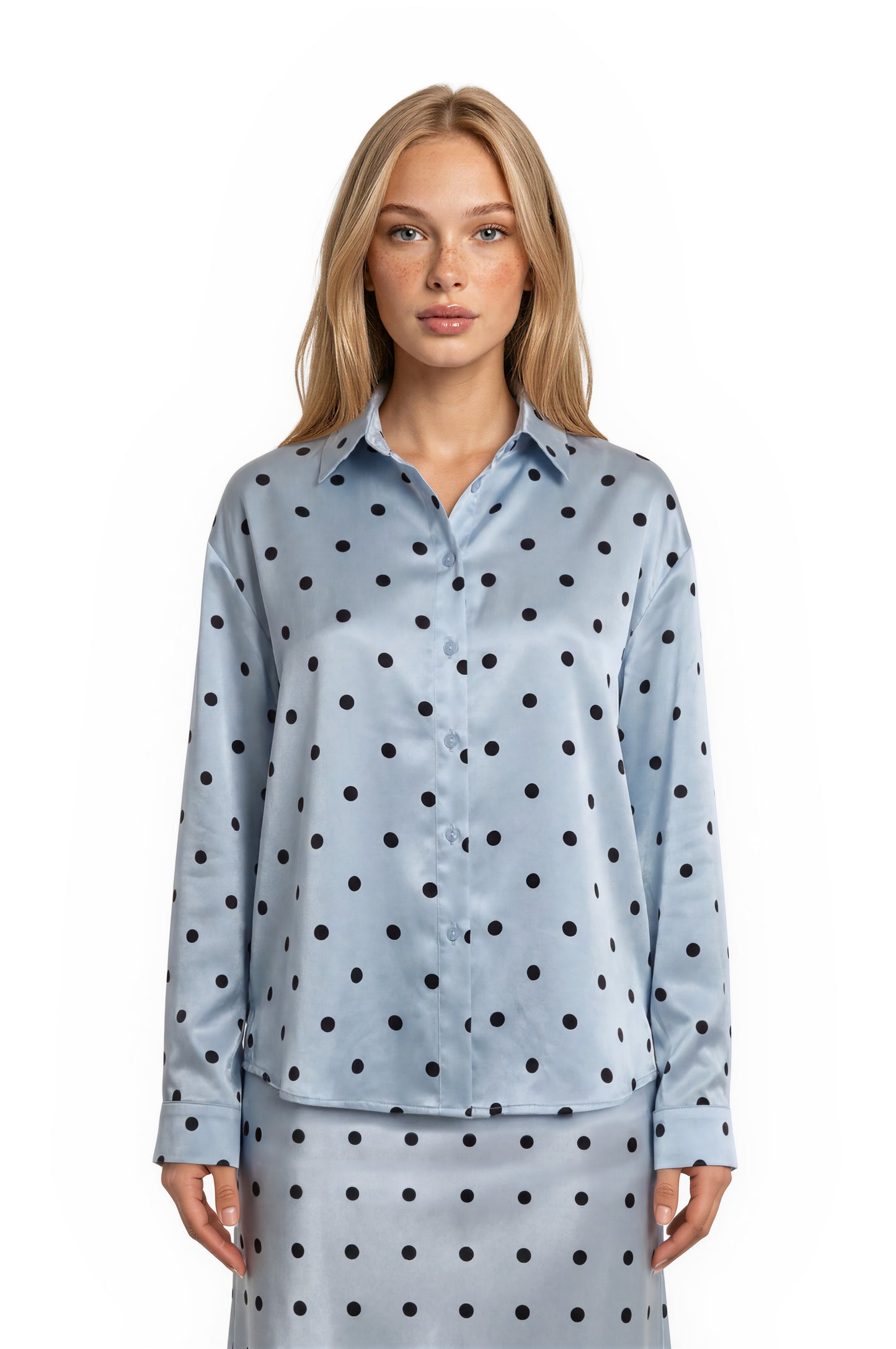 POLKA DOT BUTTON UP LONG SLEEVE TOP