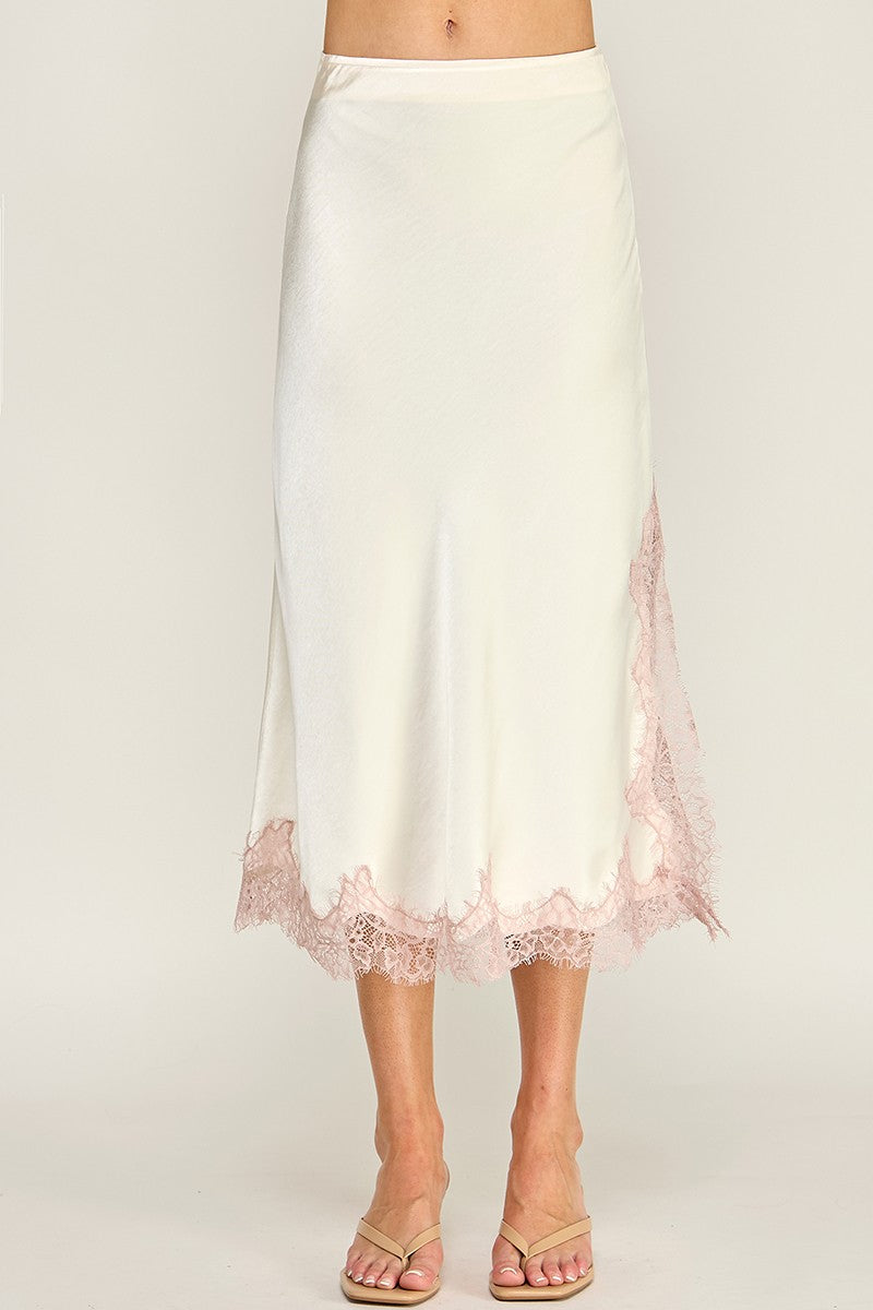 SATIN  BLUSH CONTRAST LACE DETAIL SKIRT