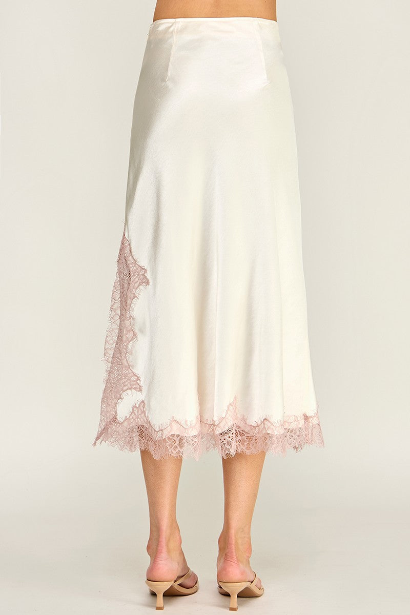 SATIN  BLUSH CONTRAST LACE DETAIL SKIRT
