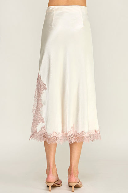 SATIN  BLUSH CONTRAST LACE DETAIL SKIRT
