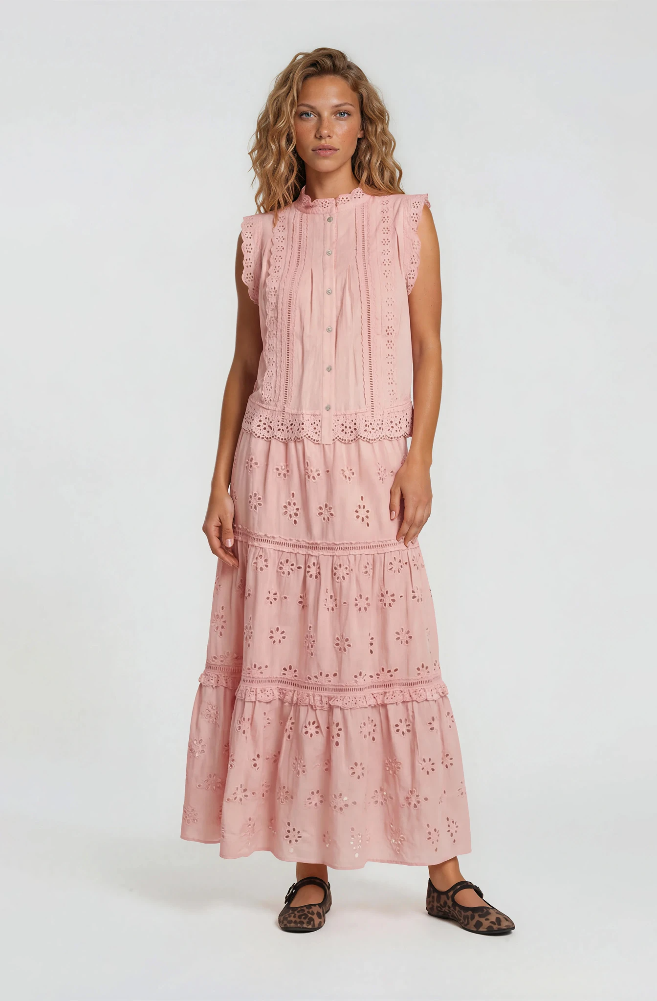 RUFFLED EYELET MAXI SKIRT