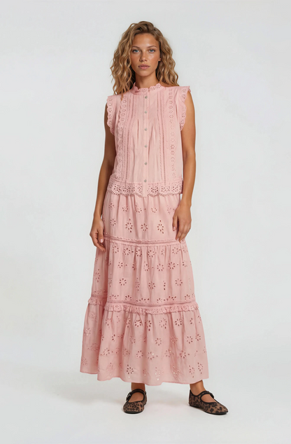 RUFFLED EYELET MAXI SKIRT