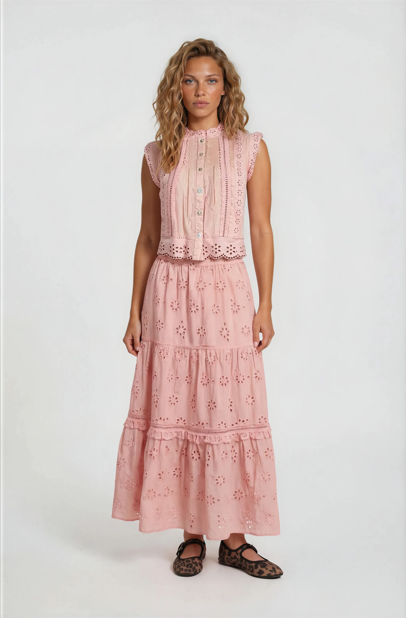 RUFFLED EYELET MAXI SKIRT