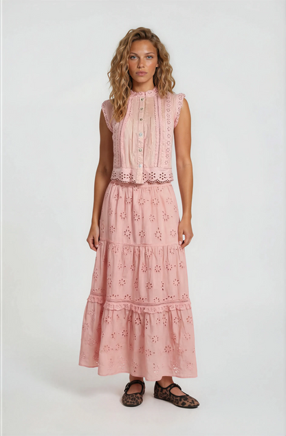 RUFFLED EYELET MAXI SKIRT