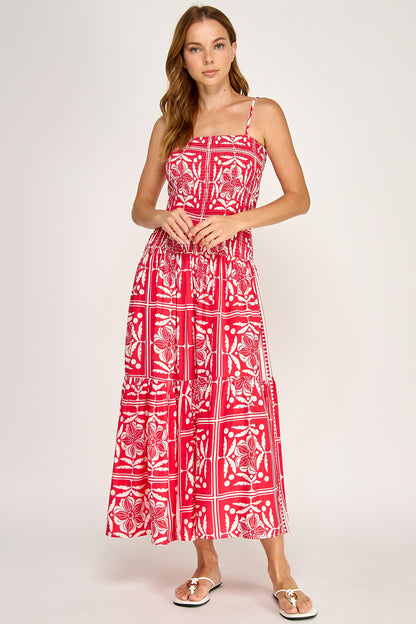 TROPICAL SMOCKED BODICE MIDI DRESS