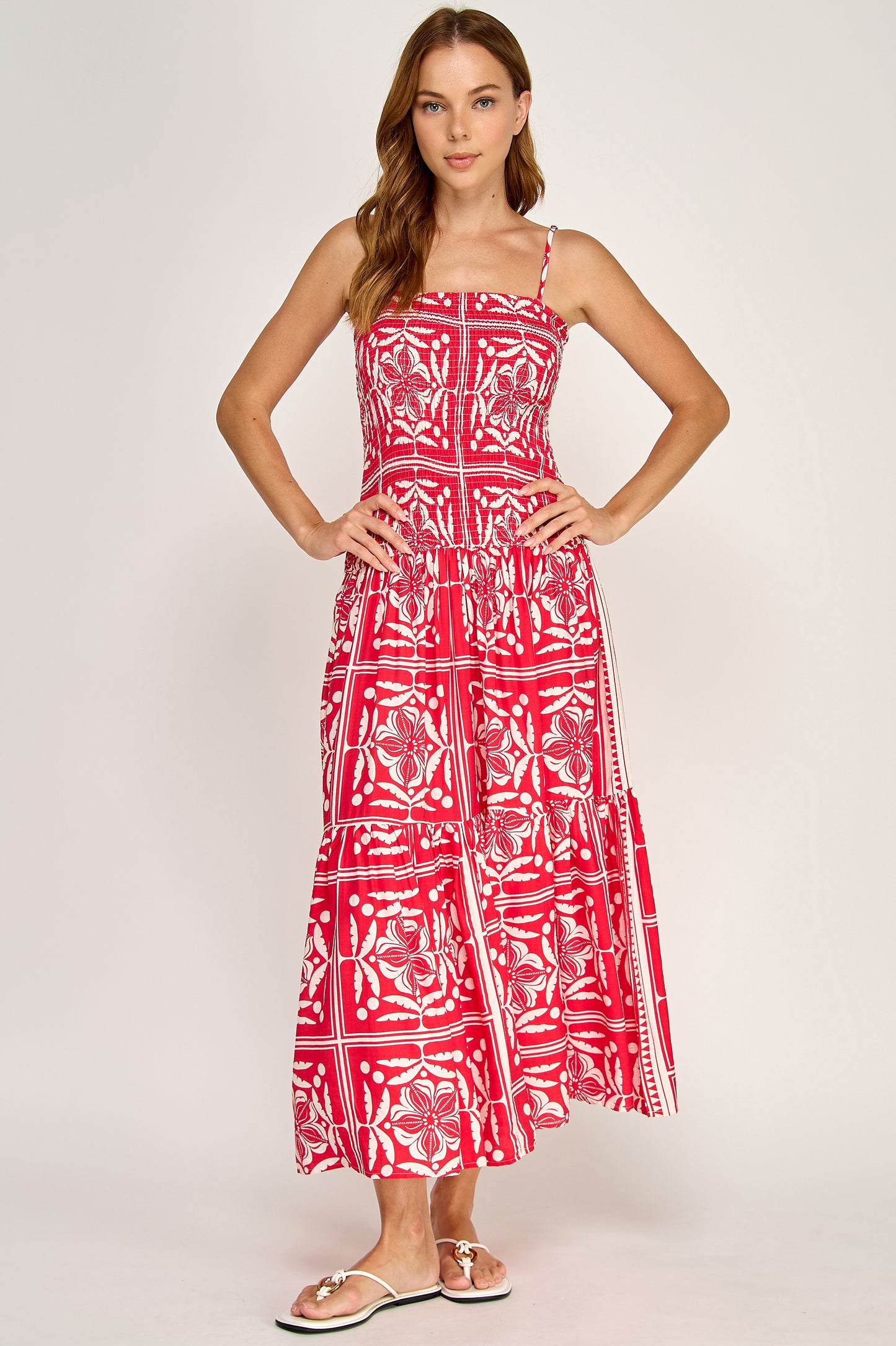 TROPICAL SMOCKED BODICE MIDI DRESS