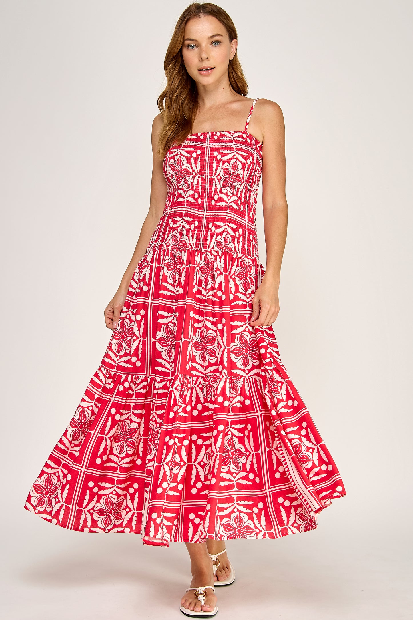 TROPICAL SMOCKED BODICE MIDI DRESS