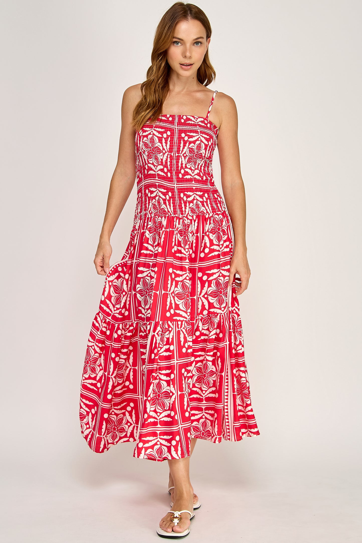 TROPICAL SMOCKED BODICE MIDI DRESS